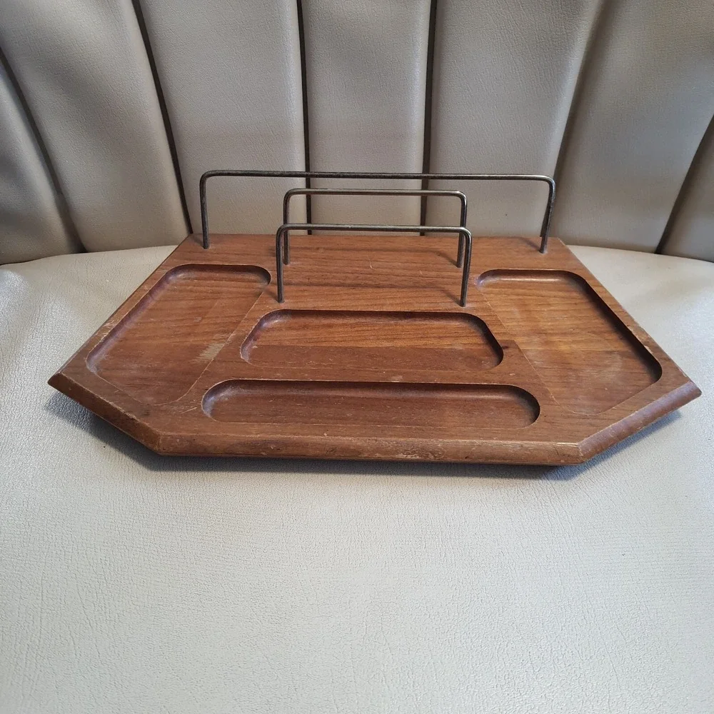 Vintage Setwell Genuine Walnut Wood Brass Dresser Desk Valet Caddy Tray MCM USA